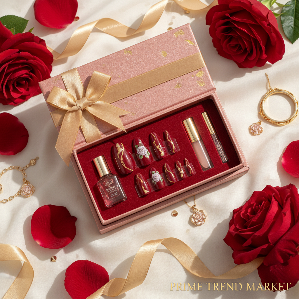 Rose Red Artistic Press-On Nails — Detachable Wearable Fake Nails | 24pcs + Glue — Prime Trend Market