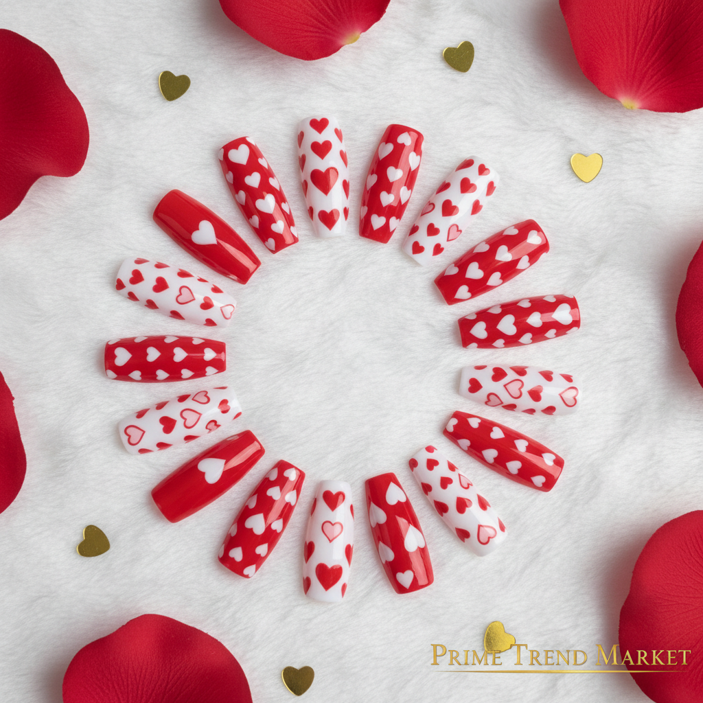 Red & White Heart Press-On Nails – 24 PCS Long Square Head | Valentine's Day Romantic Nail Art — Prime Trend Market