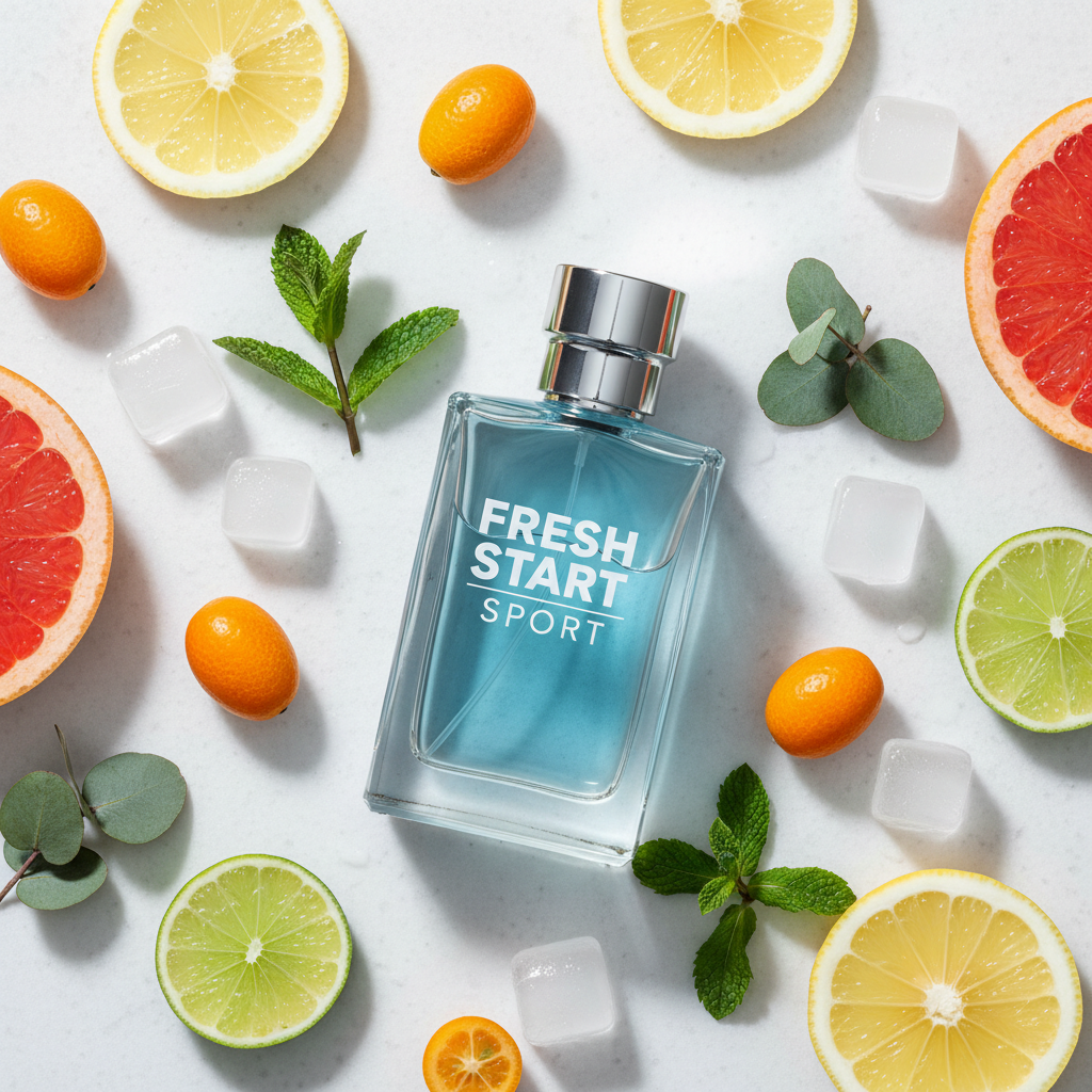 Men's sport cologne flat lay with citrus fruits and ice