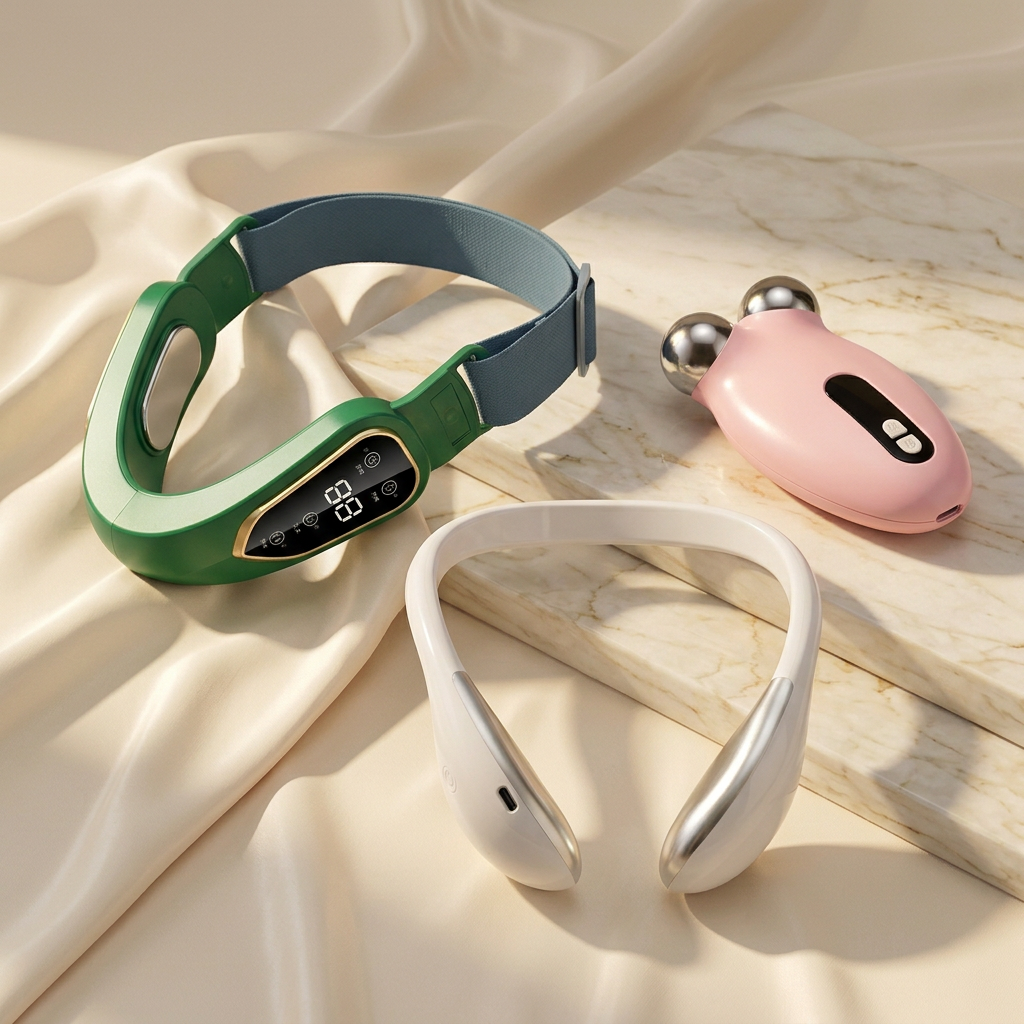 Three-device facial massage bundle with Green strapped device, Pink dual silver-head device and White neck massager