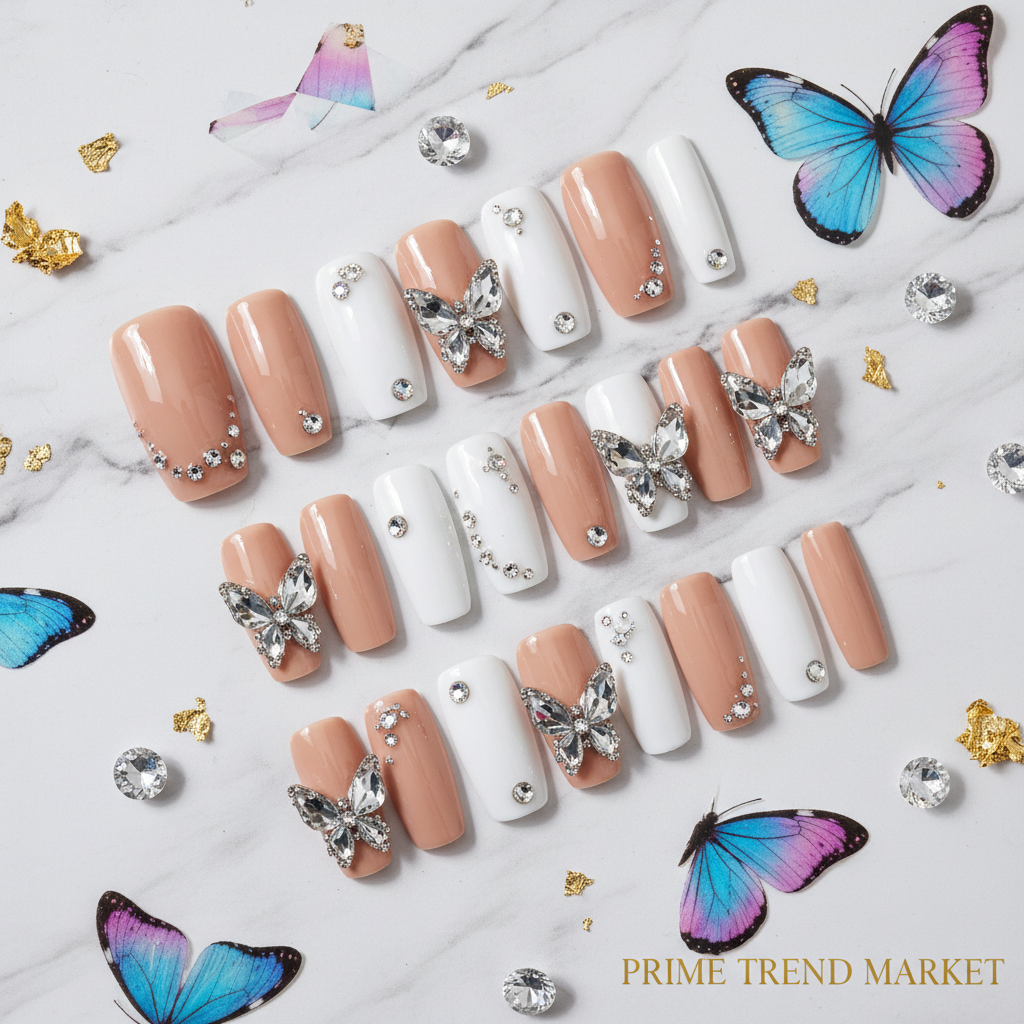 Diamond Butterfly Press-On Nails – 24 PCS Long Square Head Shape | Rhinestone Crystal Glam — Prime Trend Market