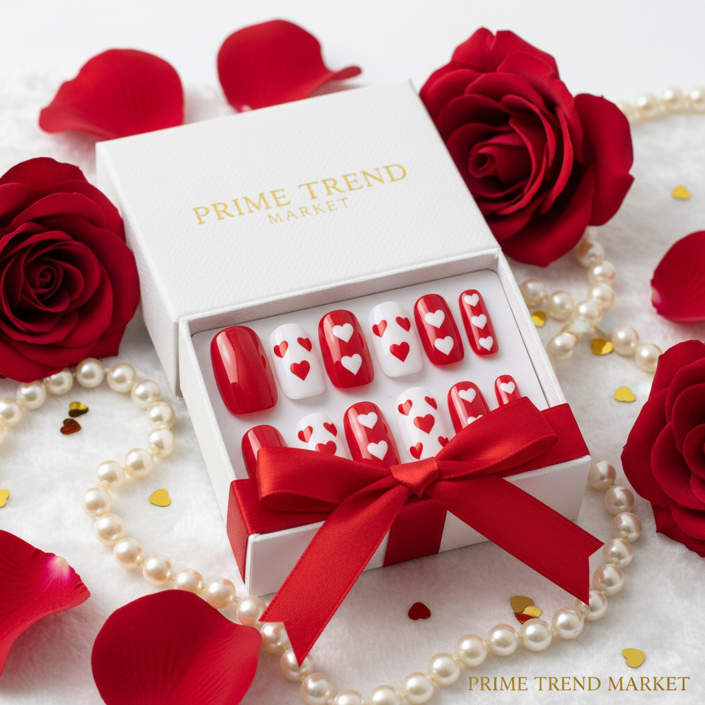 Red & White Heart Press-On Nails – 24 PCS Long Square Head | Valentine's Day Romantic Nail Art — Prime Trend Market