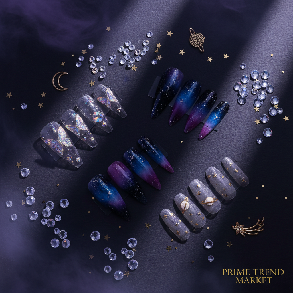 Celestial Nail Art Bundle — Diamond Butterfly + Ombre Galaxy + Planet Diamond Star Press-Ons — Prime Trend Market