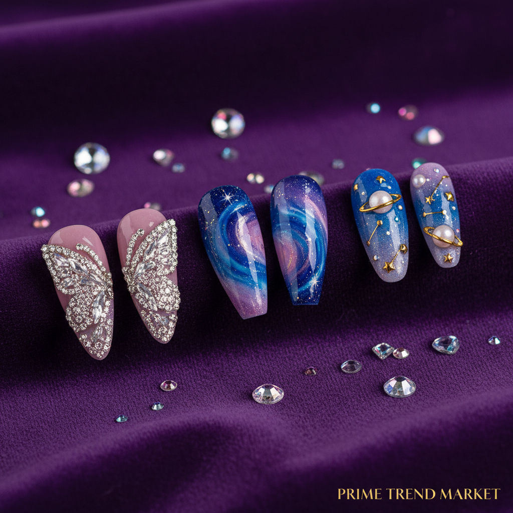 Celestial Nail Art Bundle — Diamond Butterfly + Ombre Galaxy + Planet Diamond Star Press-Ons — Prime Trend Market