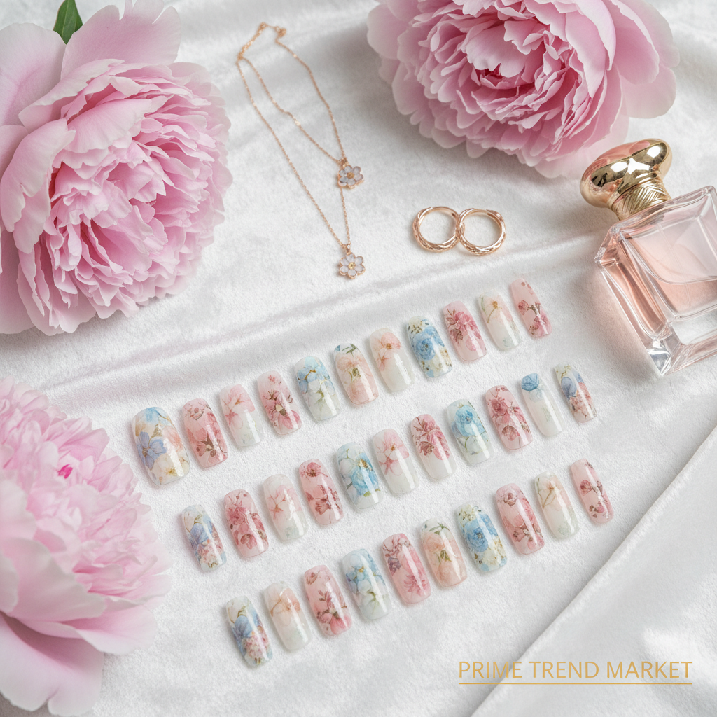 French Flower Press-On Nails – 24 PCS Short Square | Acrylic Full Cover, Reusable — Prime Trend Market