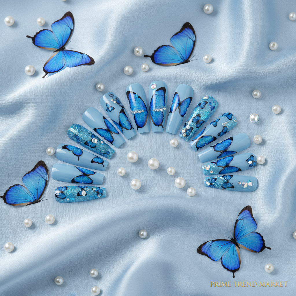 Blue Butterfly Nail Art Press-On Nails – 24 PCS Long Square Head Shape | Nature-Inspired Design — Prime Trend Market