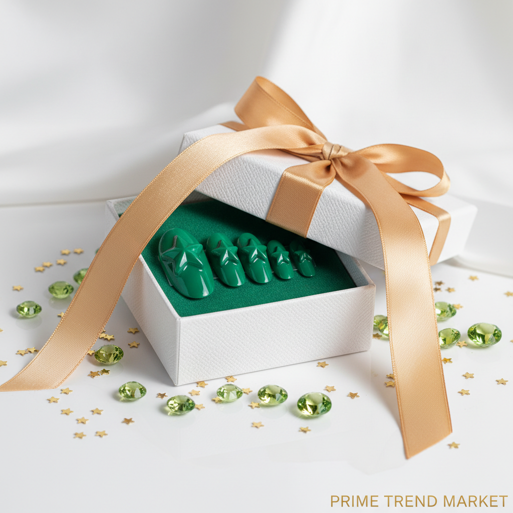 Green Star Nail Art Press-On Nails – 24 PCS Long Water Pipe Shape | Celestial ABS Acrylic — Prime Trend Market