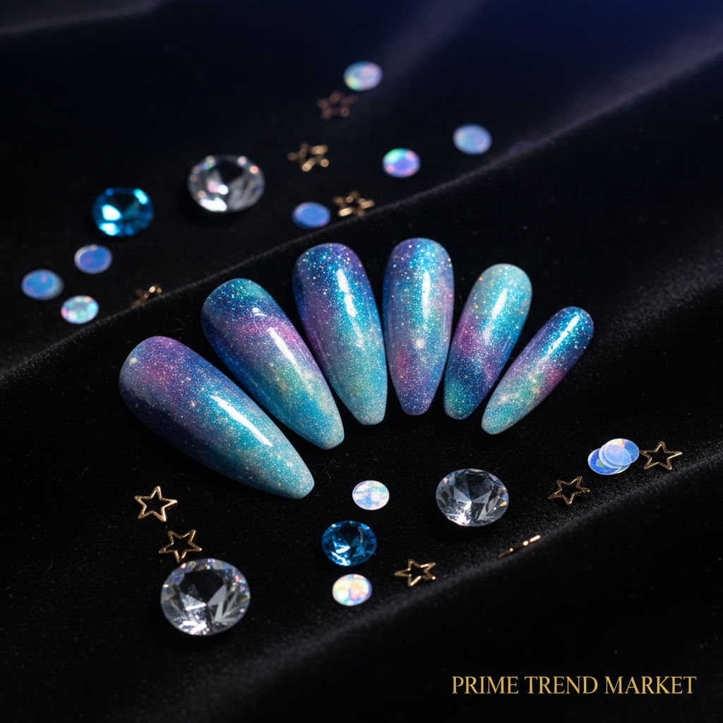 Nebula Glint Press On Nails – 3D Hand-Painted UV Finish, Luxury Custom Reusable PMMA — Prime Trend Market
