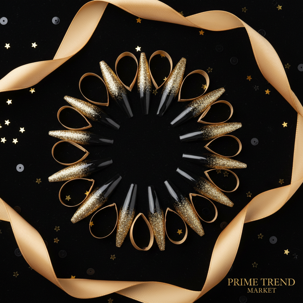 Black Gold Glitter Pointed Press-On Nails — Luxury Stiletto Fake Nails | 24pcs — Prime Trend Market