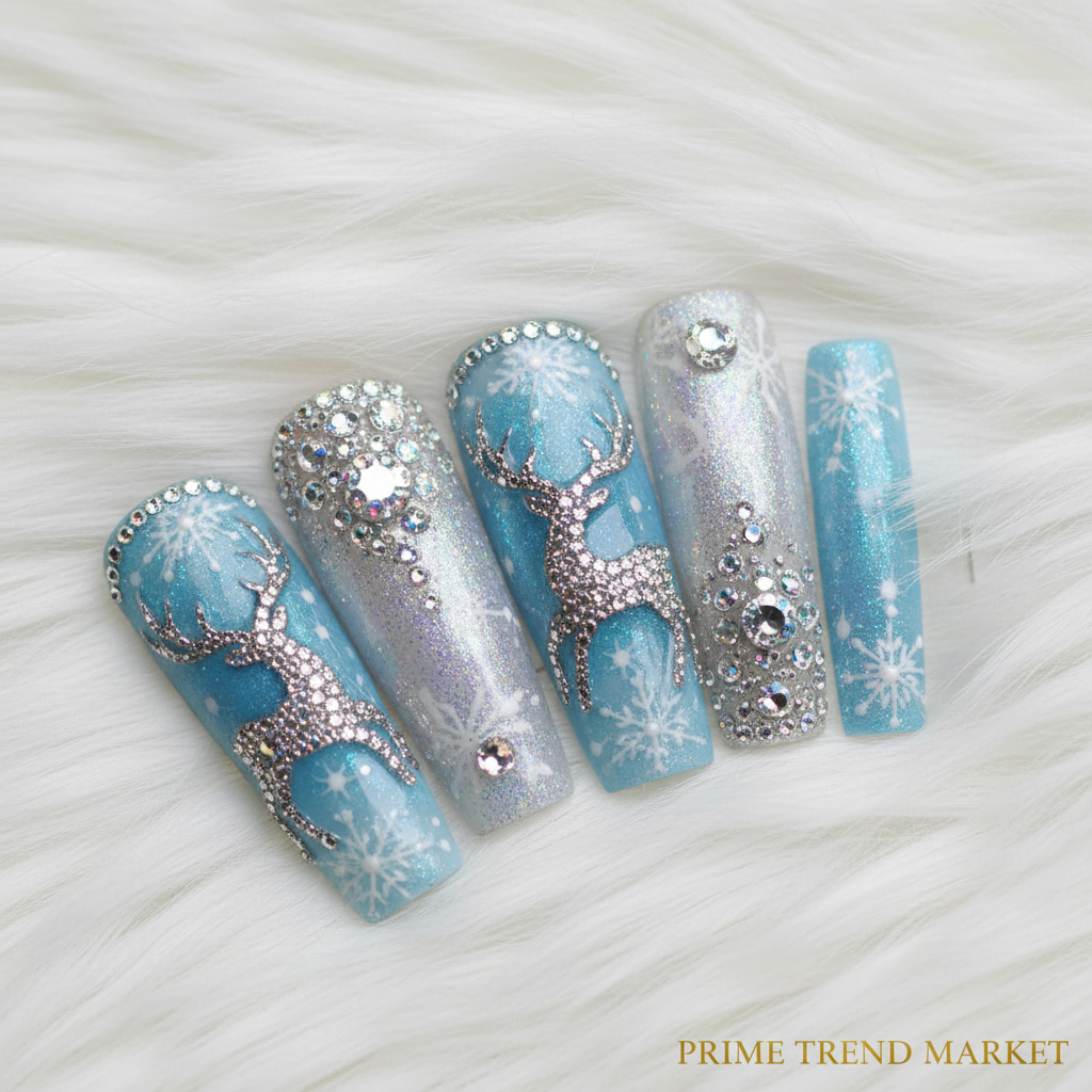 Diamond Deer Snowflake Press-On Nails – 24 PCS Long Square | Holiday Nail Art with Crystal Rhinestones — Prime Trend Market