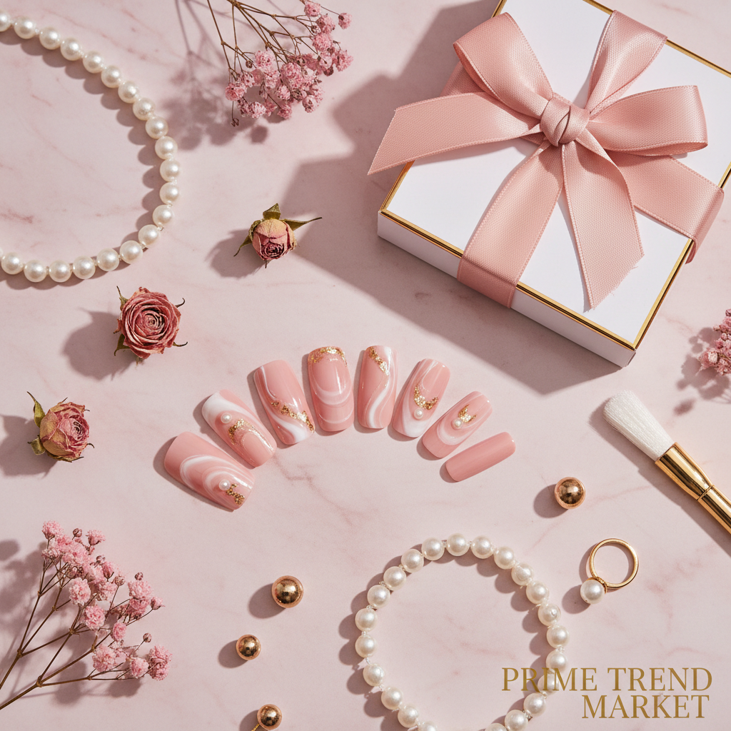 Blush Elegance Press On Nails Gift Set – Short PMMA Acrylic, Reusable, S/M/L with Box — Prime Trend Market