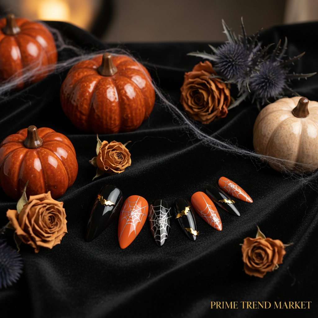 Halloween Press-On Nails – 24 PCS Pumpkin Bat Ghost Spider | Almond Ballerina, Reusable Acrylic — Prime Trend Market