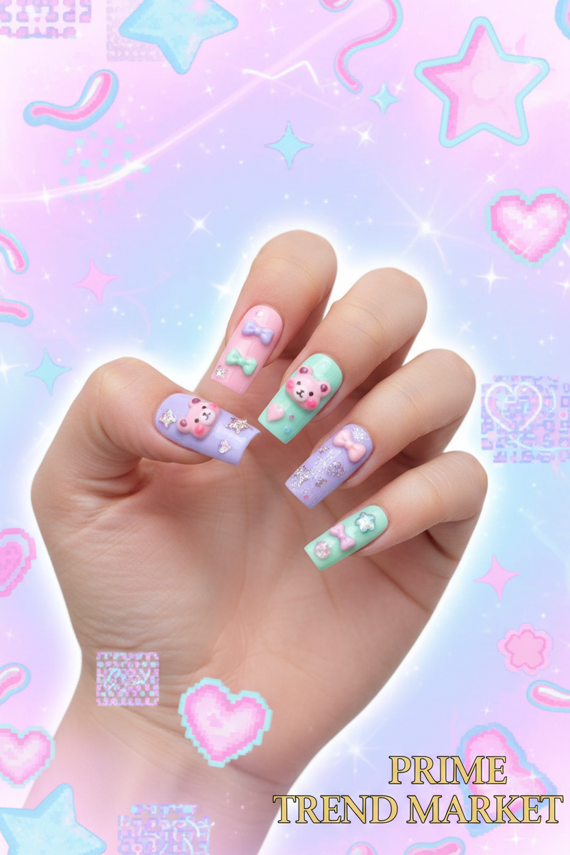 Bear Bow-Knot Press On Nails — 24 PCS Long Square Kawaii Fake Nails | Y2K Nail Art — Prime Trend Market