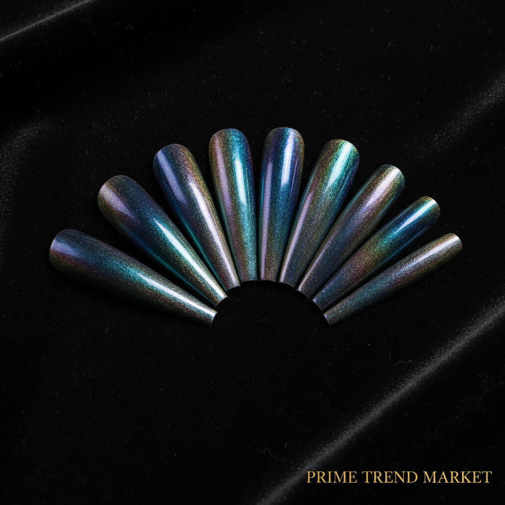 Aurora Powder Press-On Nails – 24 PCS Long Water Pipe Shape | Iridescent Holographic Shimmer — Prime Trend Market