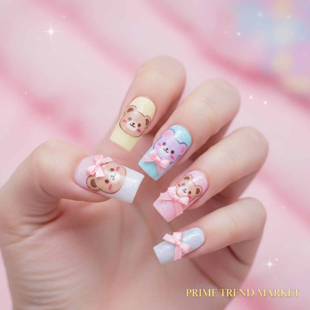 Bear Bow-Knot Press On Nails — 24 PCS Long Square Kawaii Fake Nails | Y2K Nail Art — Prime Trend Market