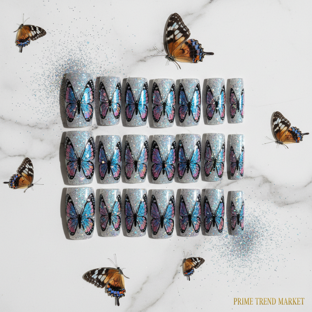 Glitter Butterfly Press On Nails — 24 PCS Long Square Sparkle Fake Nails | Glitter Powder Nail Art — Prime Trend Market