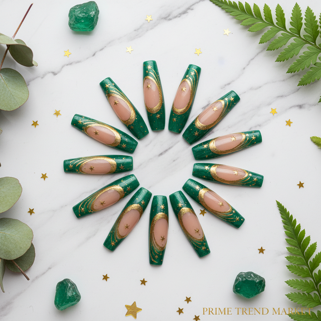 Green Star Nail Art Press-On Nails – 24 PCS Long Water Pipe Shape | Celestial ABS Acrylic — Prime Trend Market