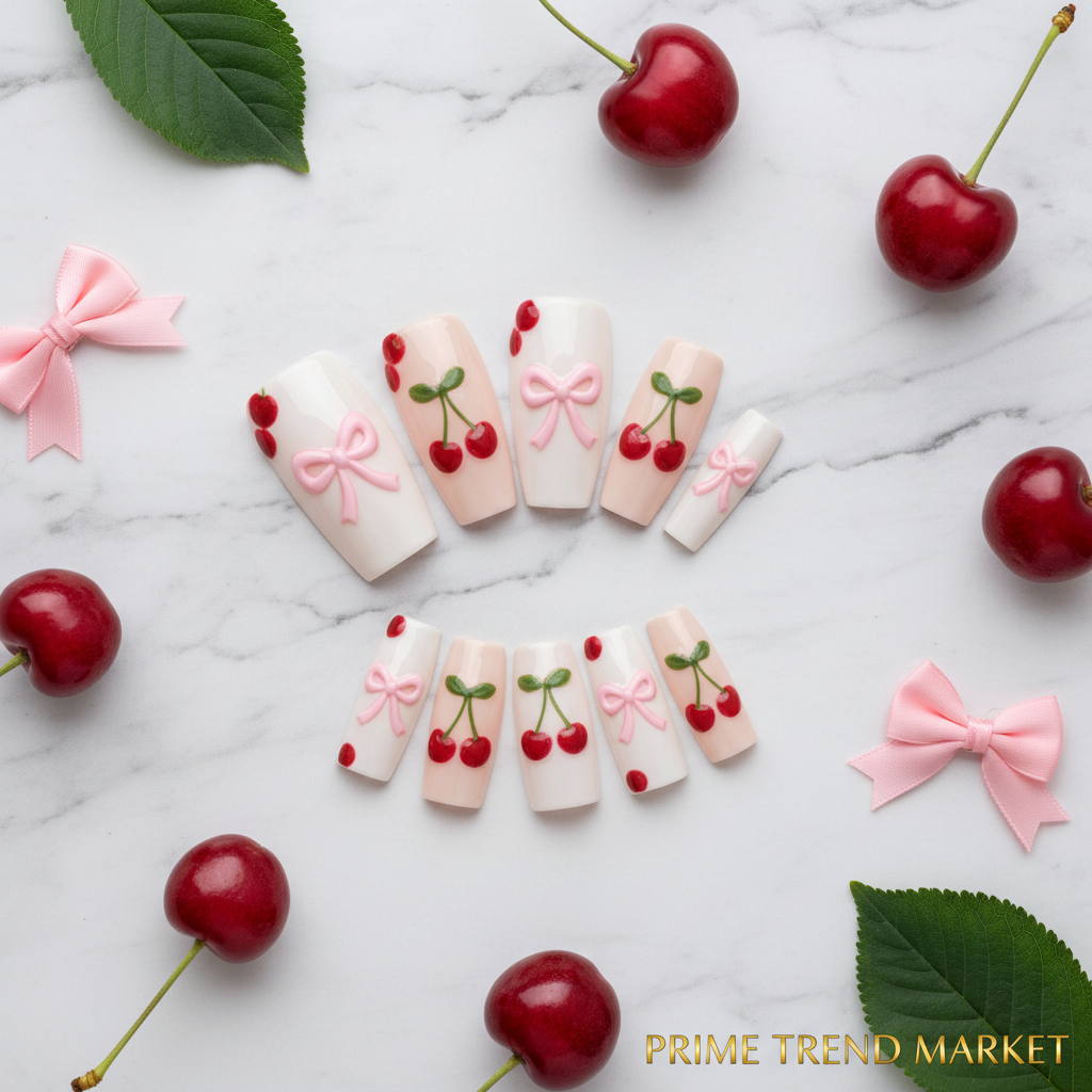 Cherry Bow Press-On Nails – 24 PCS Long Square Head Shape | Summer Y2K Fruit Design — Prime Trend Market