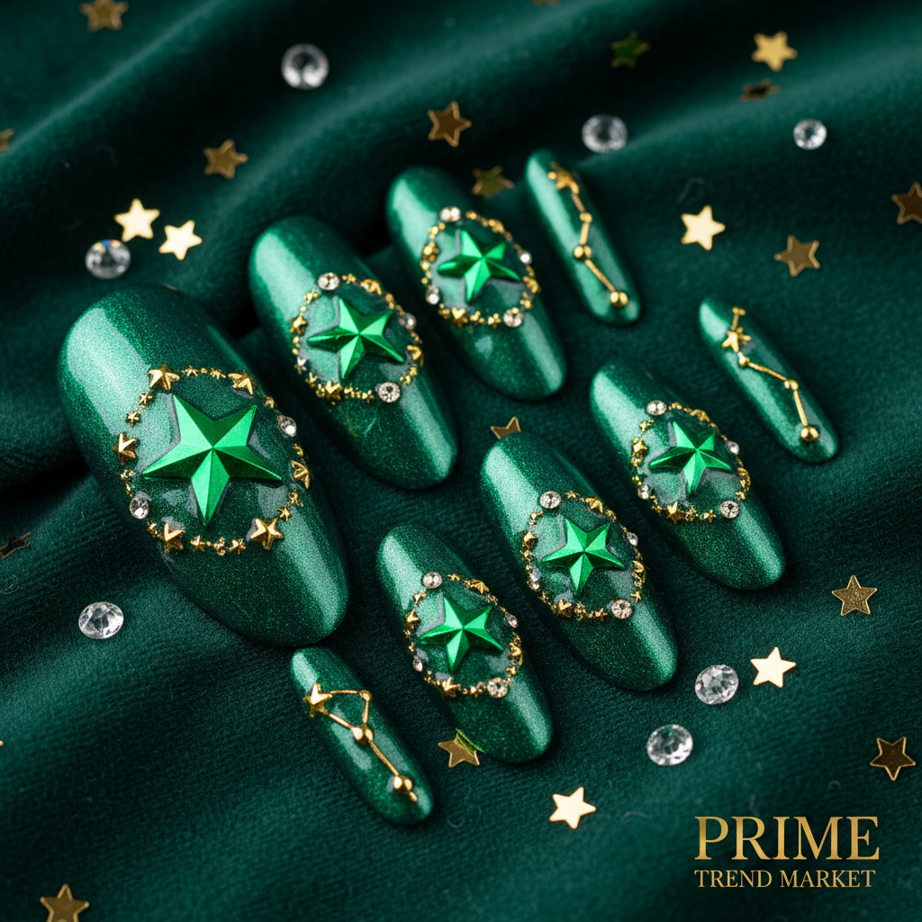 Green Star Nail Art Press-On Nails – 24 PCS Long Water Pipe Shape | Celestial ABS Acrylic — Prime Trend Market