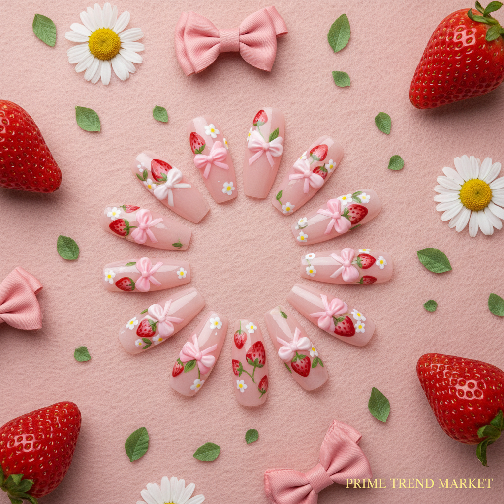 Strawberry Bow Press-On Nails – 24 PCS Long Square Head Shape | Cottagecore Y2K Design — Prime Trend Market