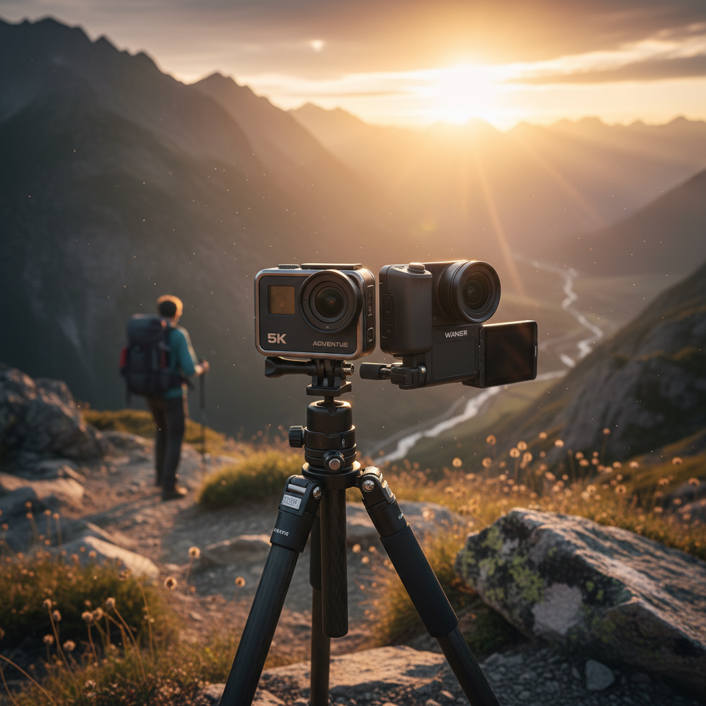 5K action camera on tripod outdoors golden hour