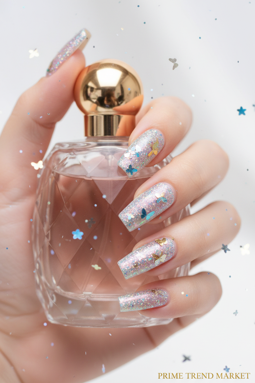 Glitter Butterfly Press On Nails — 24 PCS Long Square Sparkle Fake Nails | Glitter Powder Nail Art — Prime Trend Market