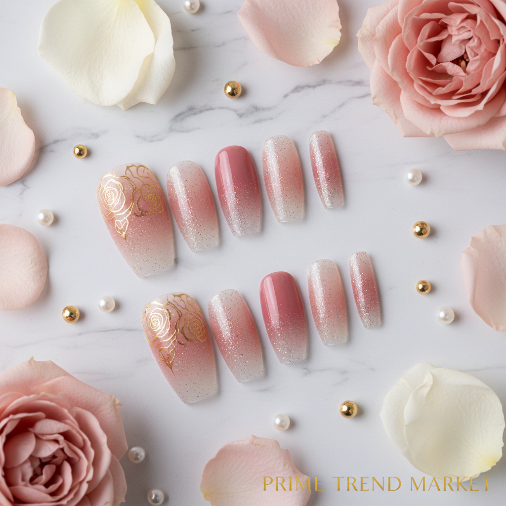 Ballet Gradient Glitter Coffin Press-On Nails — Trapezoidal Nail Art False Nails — Prime Trend Market