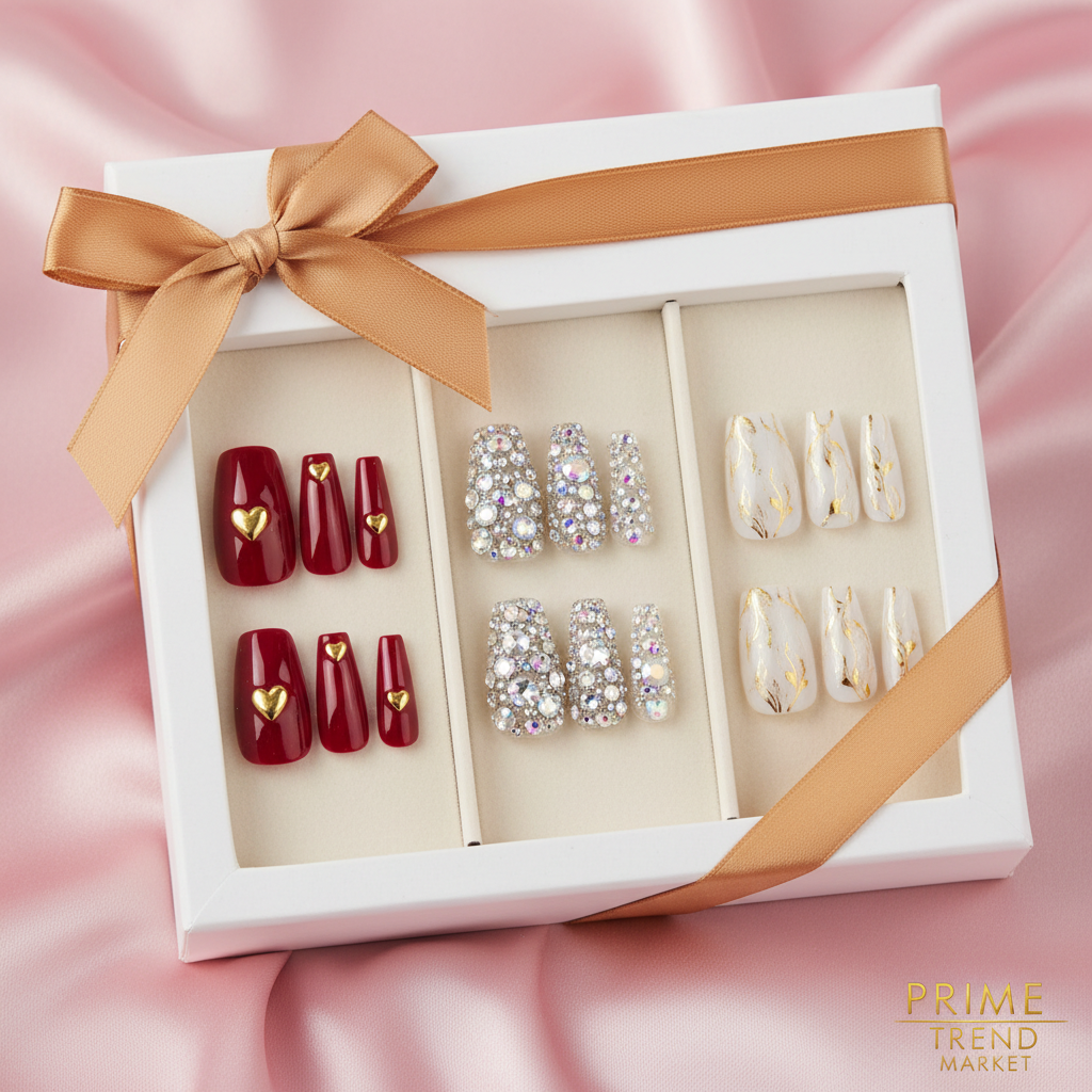 3-Style Nail Wardrobe — Wine Red Heart + Rhinestone Crystal + Gilded Whisper Press-On Nails — Prime Trend Market