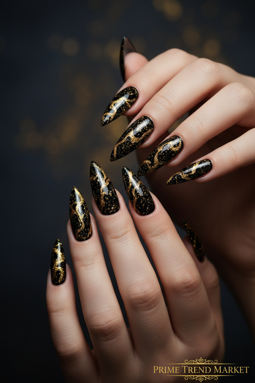 Black Gold Glitter Pointed Press-On Nails — Luxury Stiletto Fake Nails | 24pcs — Prime Trend Market