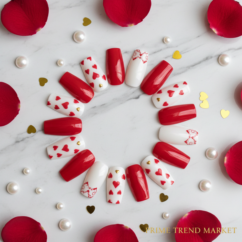 Red & White Heart Press-On Nails – 24 PCS Long Square Head | Valentine's Day Romantic Nail Art — Prime Trend Market