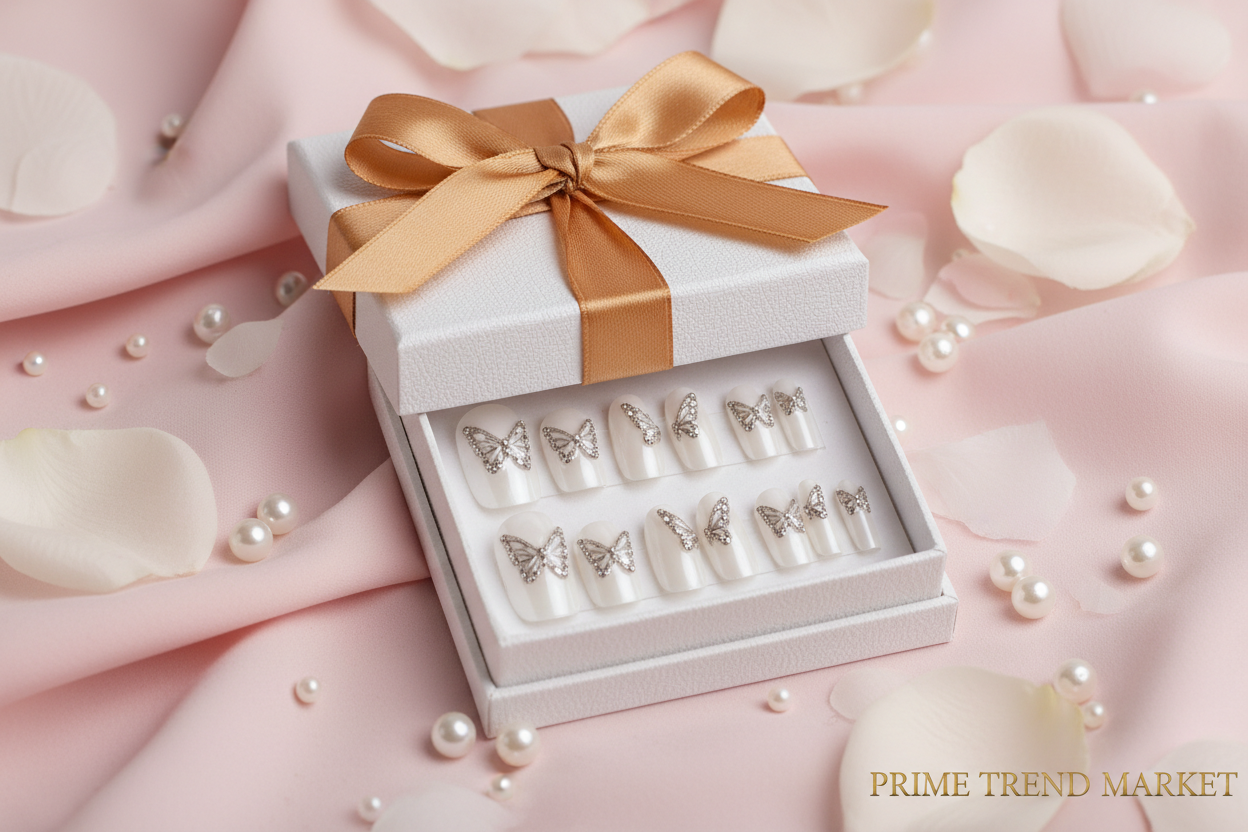 White Flower Diamond Butterfly Press-On Nails — 24 PCS Long Square, Bridal & Everyday Glam — Prime Trend Market