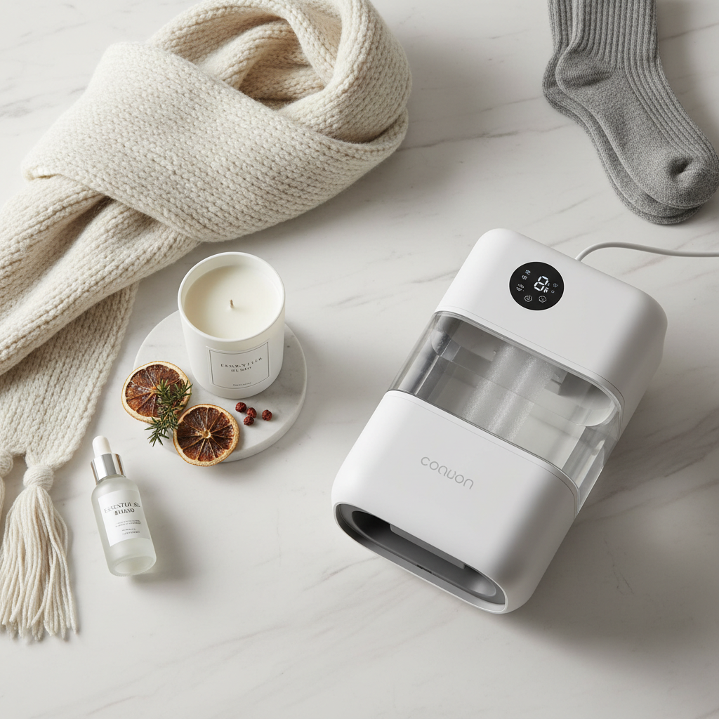 Portable space heater humidifier flat lay on white marble