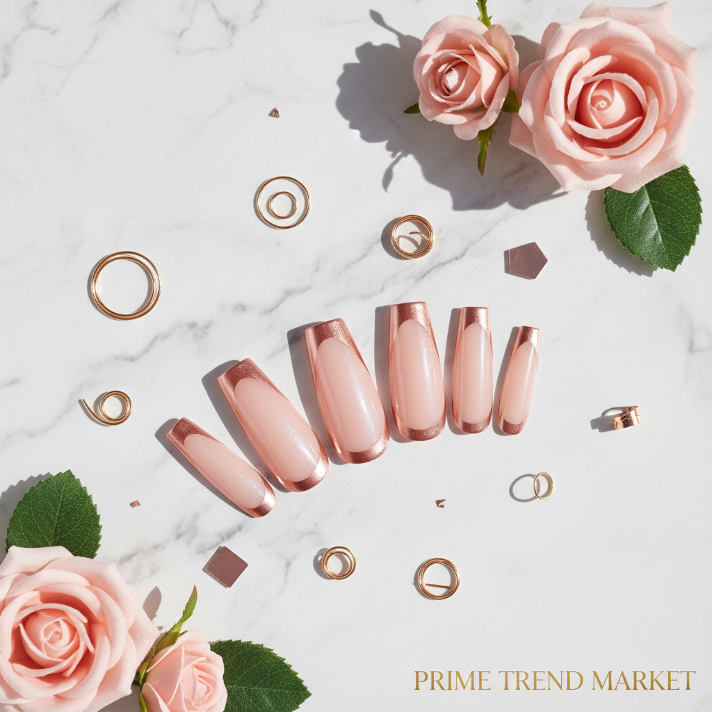 Rose Gold French Ballet Press-On Nails — Beveled Edge Long Fake Nails | Boxed Set — Prime Trend Market