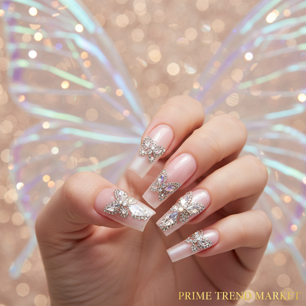 Diamond Butterfly Press-On Nails – 24 PCS Long Square Head Shape | Rhinestone Crystal Glam — Prime Trend Market