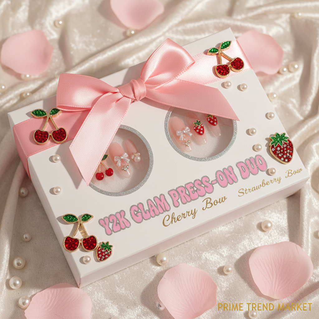 Y2K Glam Press-On Duo — Cherry Bow + Strawberry Bow Press-On Nails Set — Prime Trend Market
