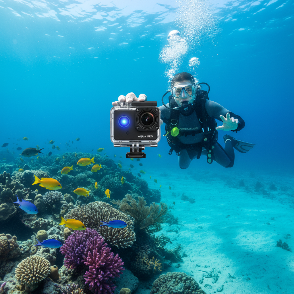 5K action cam underwater shot diver clear blue ocean