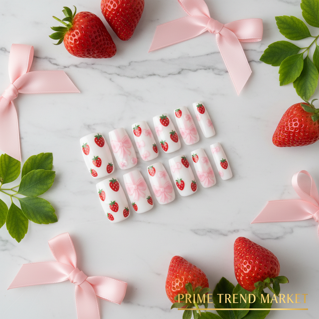 Strawberry Bow Press-On Nails – 24 PCS Long Square Head Shape | Cottagecore Y2K Design — Prime Trend Market