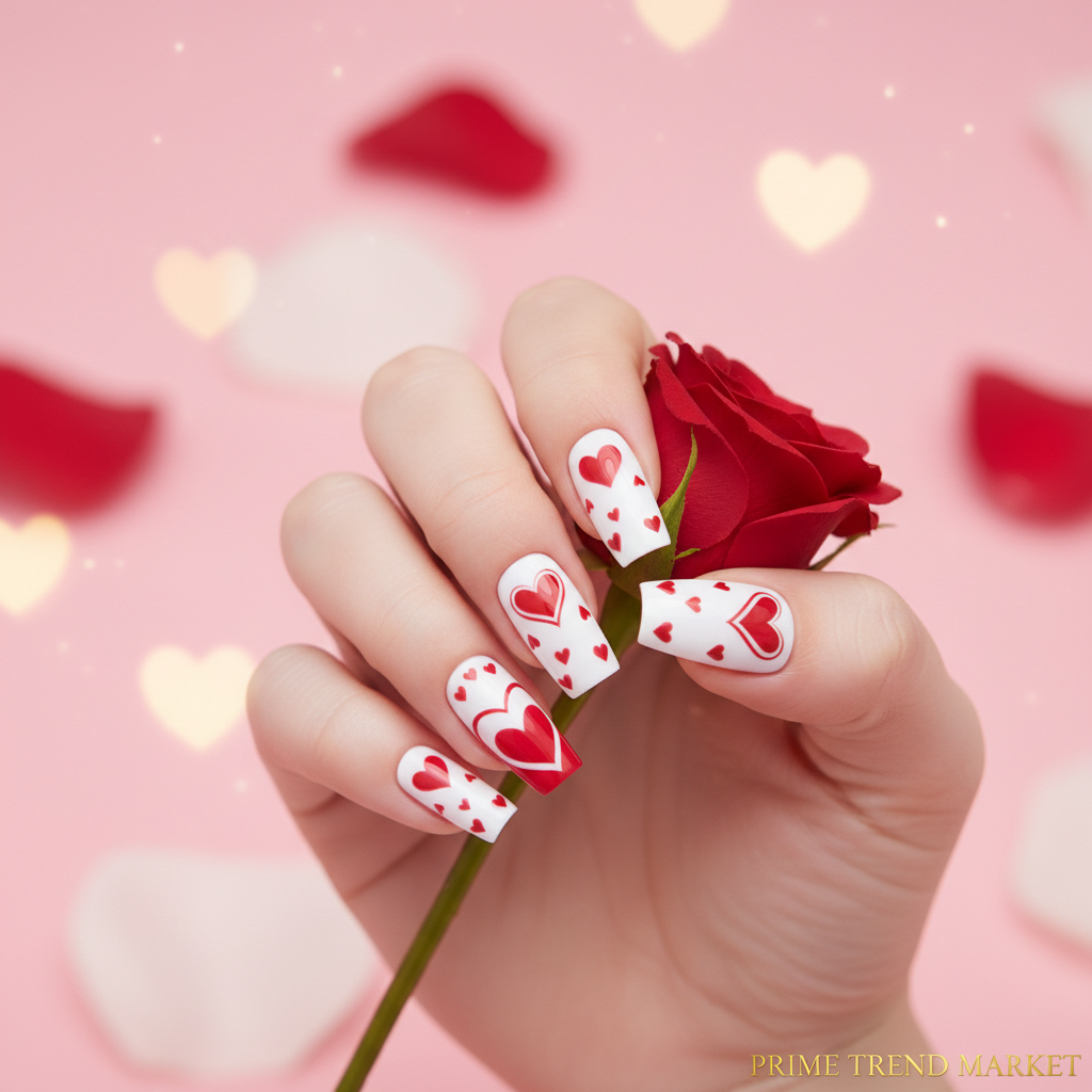 Red & White Heart Press-On Nails – 24 PCS Long Square Head | Valentine's Day Romantic Nail Art — Prime Trend Market