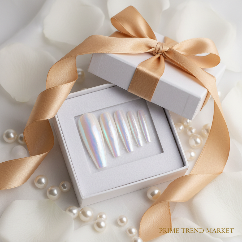 Aurora White Press-On Nails – 24 PCS Long Water Pipe Shape | Pearlescent Bridal Finish — Prime Trend Market