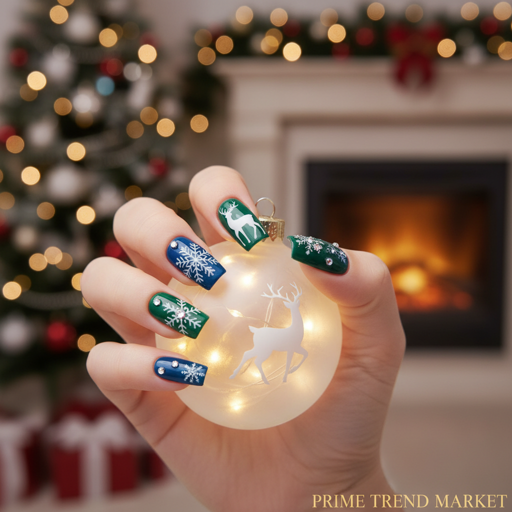 Diamond Deer Snowflake Press-On Nails – 24 PCS Long Square | Holiday Nail Art with Crystal Rhinestones — Prime Trend Market