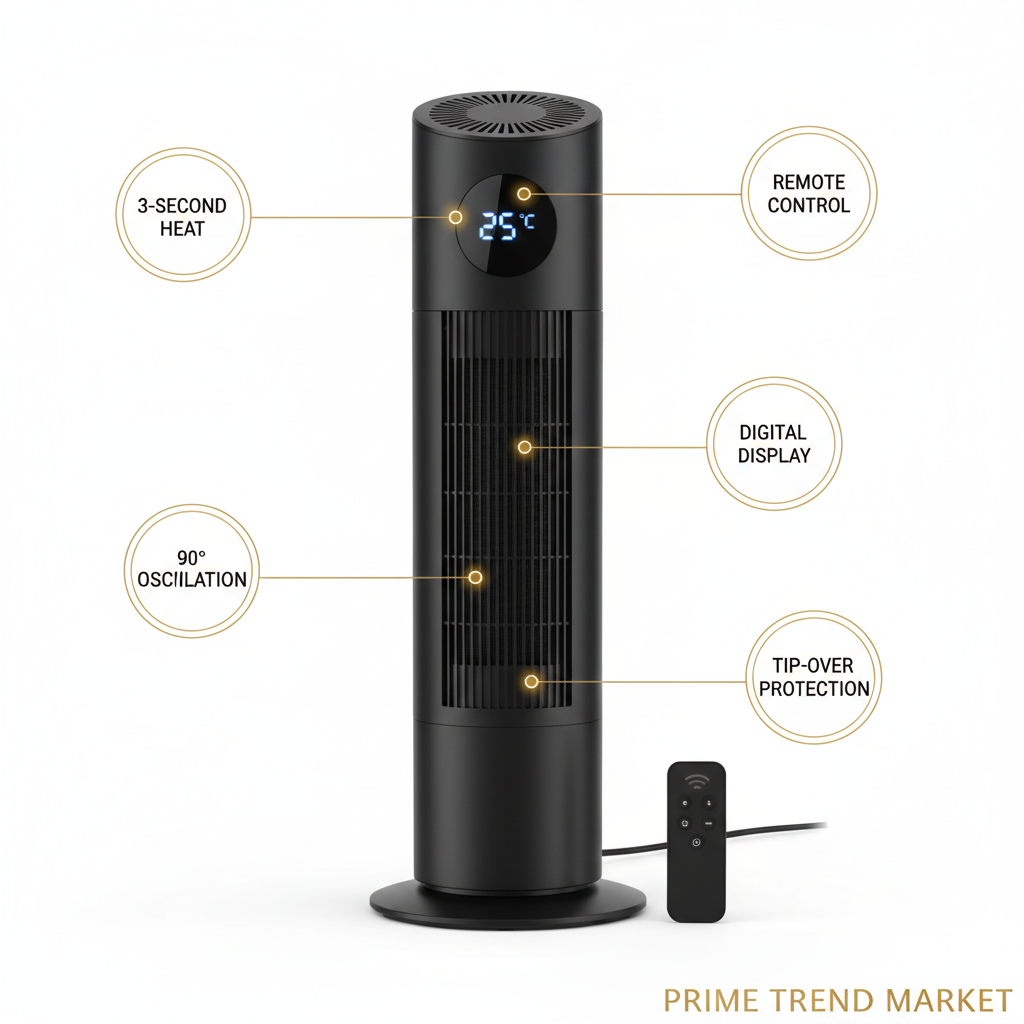 1500W Ceramic Space Heater — 3 Modes, 90° Oscillation, Remote Control & Tip-Over Protection — Prime Trend Market