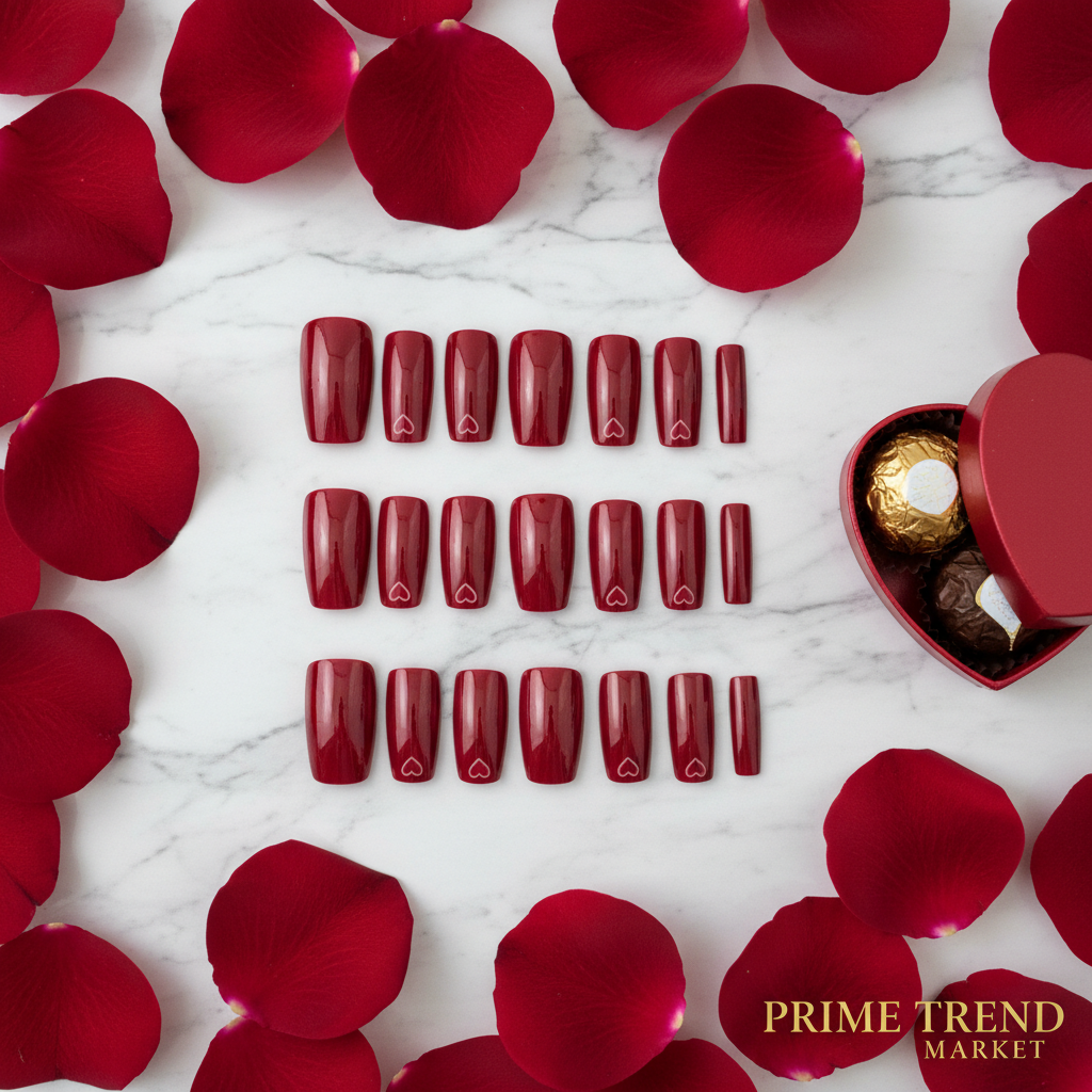 Red Heart Press On Nails — 24 PCS Long Square Romantic Fake Nails | Valentine's Day Nail Art — Prime Trend Market