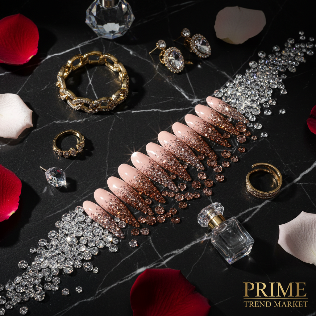 Rhinestone Crystal Cascade Press On Nails – Glitter Gradient PMMA Acrylic, Bling Luxury Nails — Prime Trend Market
