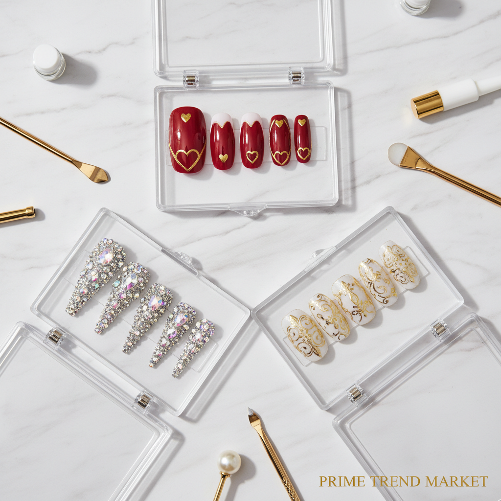 3-Style Nail Wardrobe — Wine Red Heart + Rhinestone Crystal + Gilded Whisper Press-On Nails — Prime Trend Market