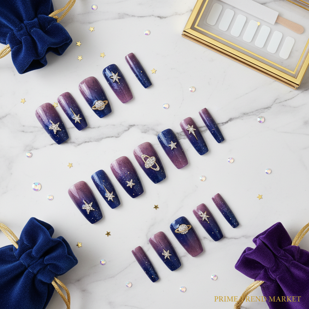 Planet Diamond Star Press-On Nails – 24 PCS Long Square | Celestial Galaxy Nail Art with Rhinestones — Prime Trend Market