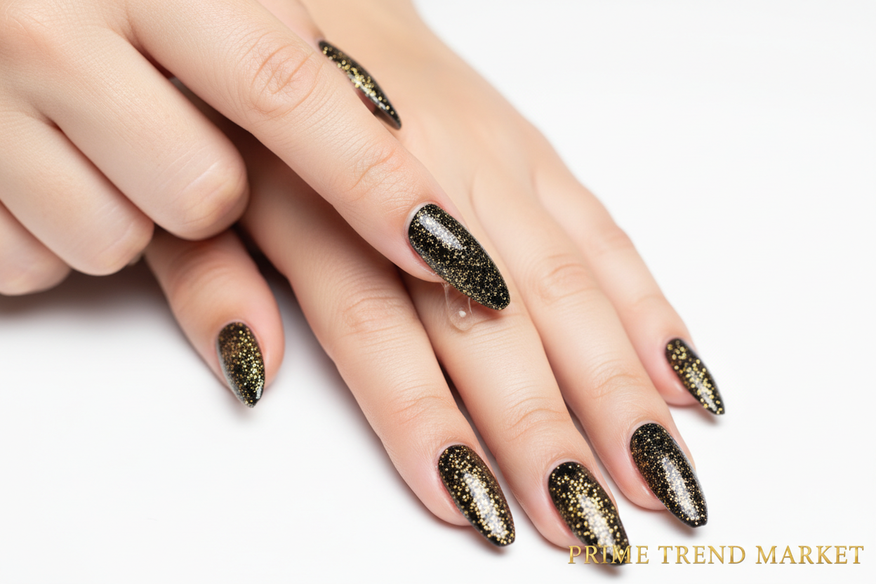 Black Gold Glitter Pointed Press-On Nails — Luxury Stiletto Fake Nails | 24pcs — Prime Trend Market