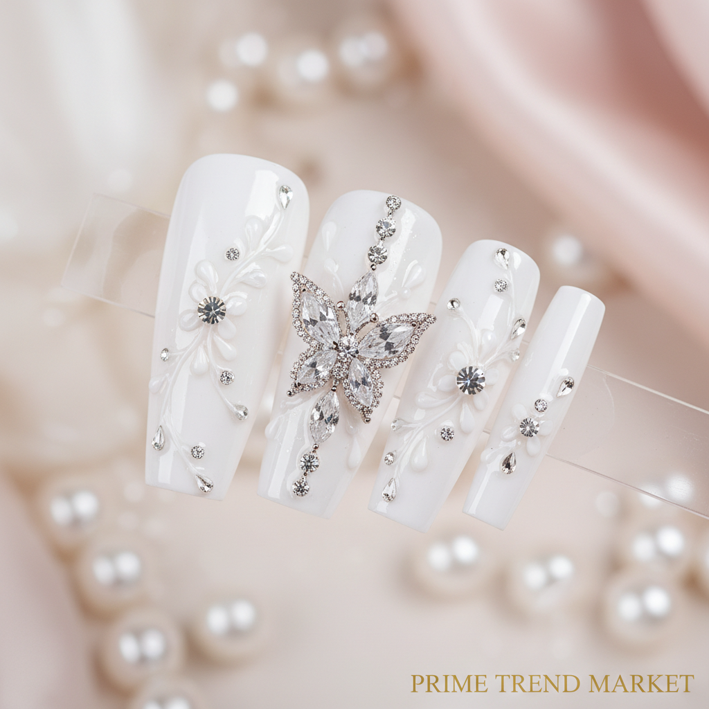 White Flower Diamond Butterfly Press-On Nails — 24 PCS Long Square, Bridal & Everyday Glam — Prime Trend Market