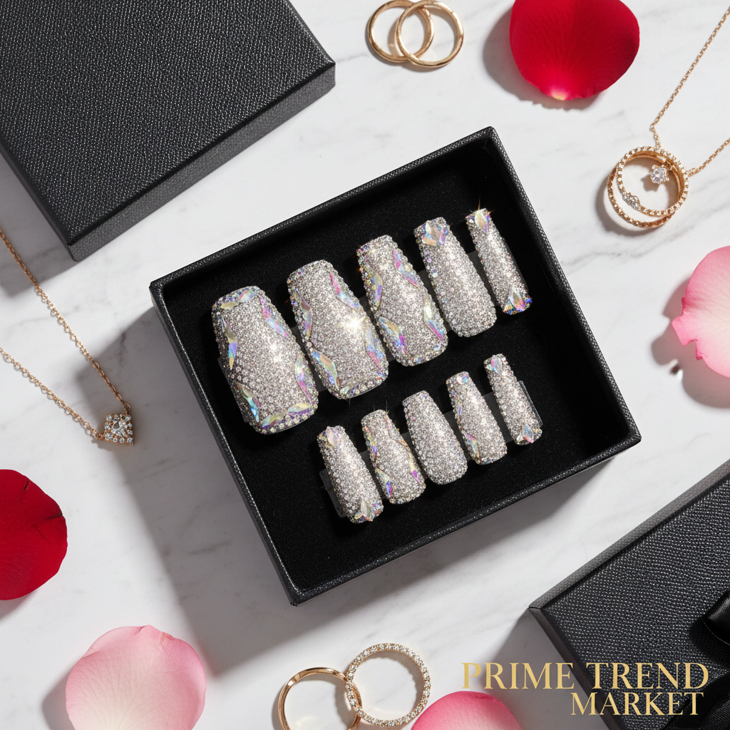 Full Diamond Duck Press-On Nails – 3D Crystal Aurora Edge | Handmade PMMA Acrylic, Gift Box — Prime Trend Market