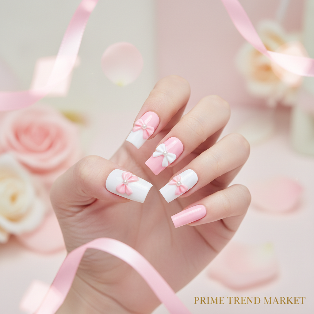 Bow Nail Art Press-On Nails – 24 PCS Long Square Head Shape | Cute Y2K Ribbon Design — Prime Trend Market
