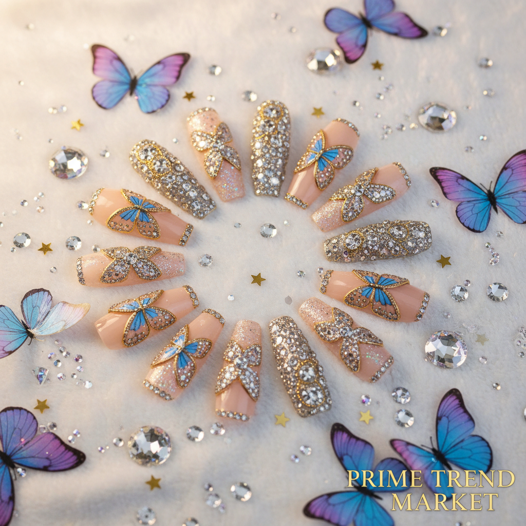 Diamond Butterfly Press-On Nails – 24 PCS Long Square Head Shape | Rhinestone Crystal Glam — Prime Trend Market